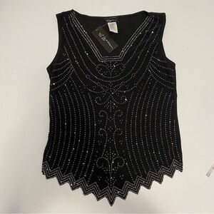 S. Levine Women’s Silver Beaded Black Top M Retro Going Out Flapper Showgirl